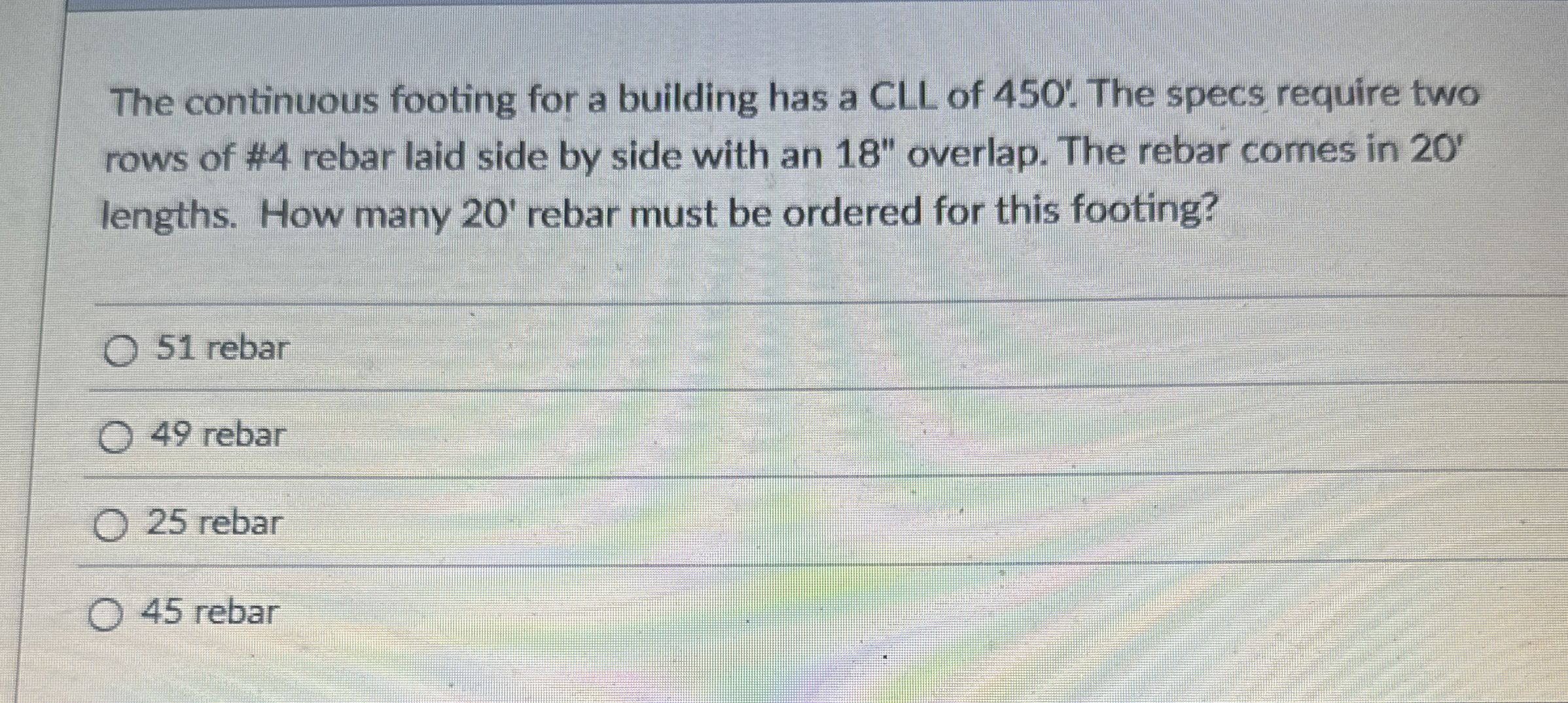 The continuous footing for a building has a CLL