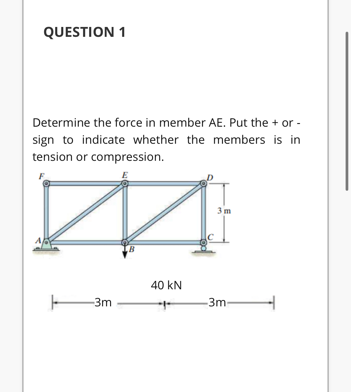 QUESTION 1 Determine the force in member AE . Put
