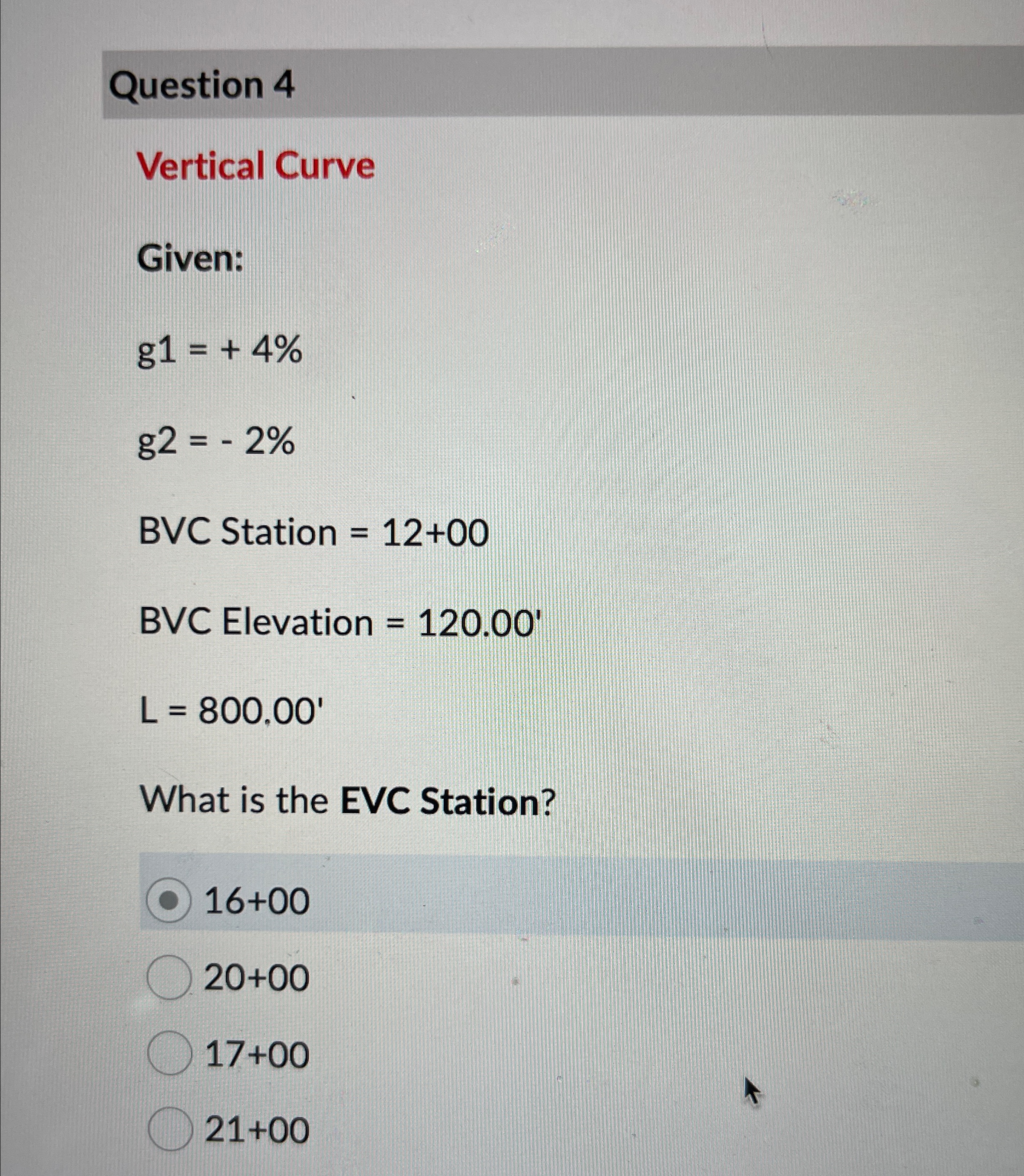 how to do this Question 4 Vertical Curve Given: g