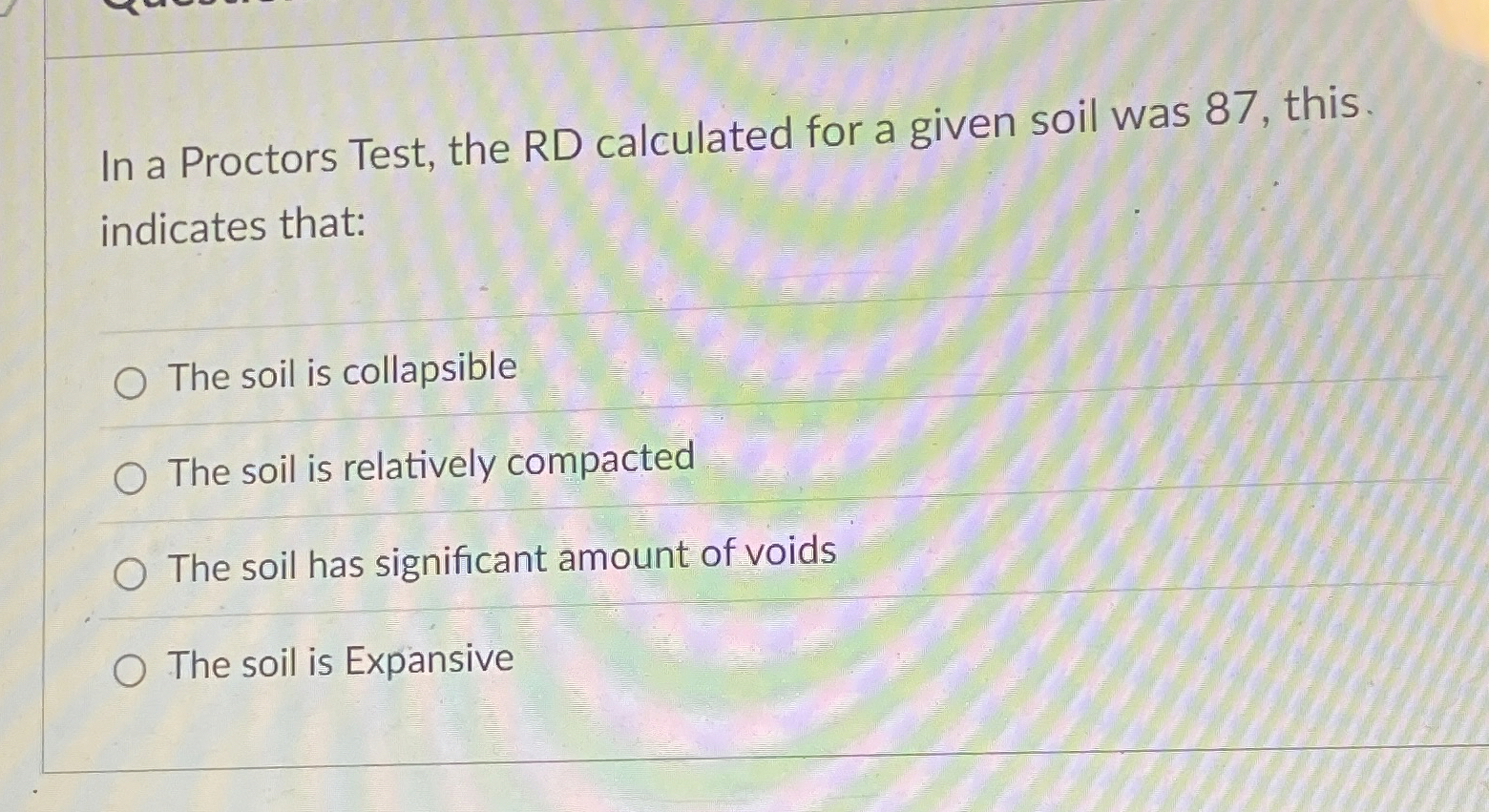 In a Proctors Test, the RD calculated for a given