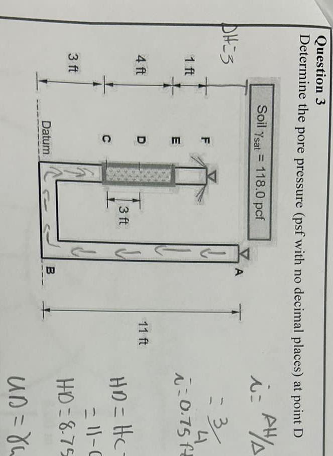 Question 3 Determine the pore pressure ( psf with