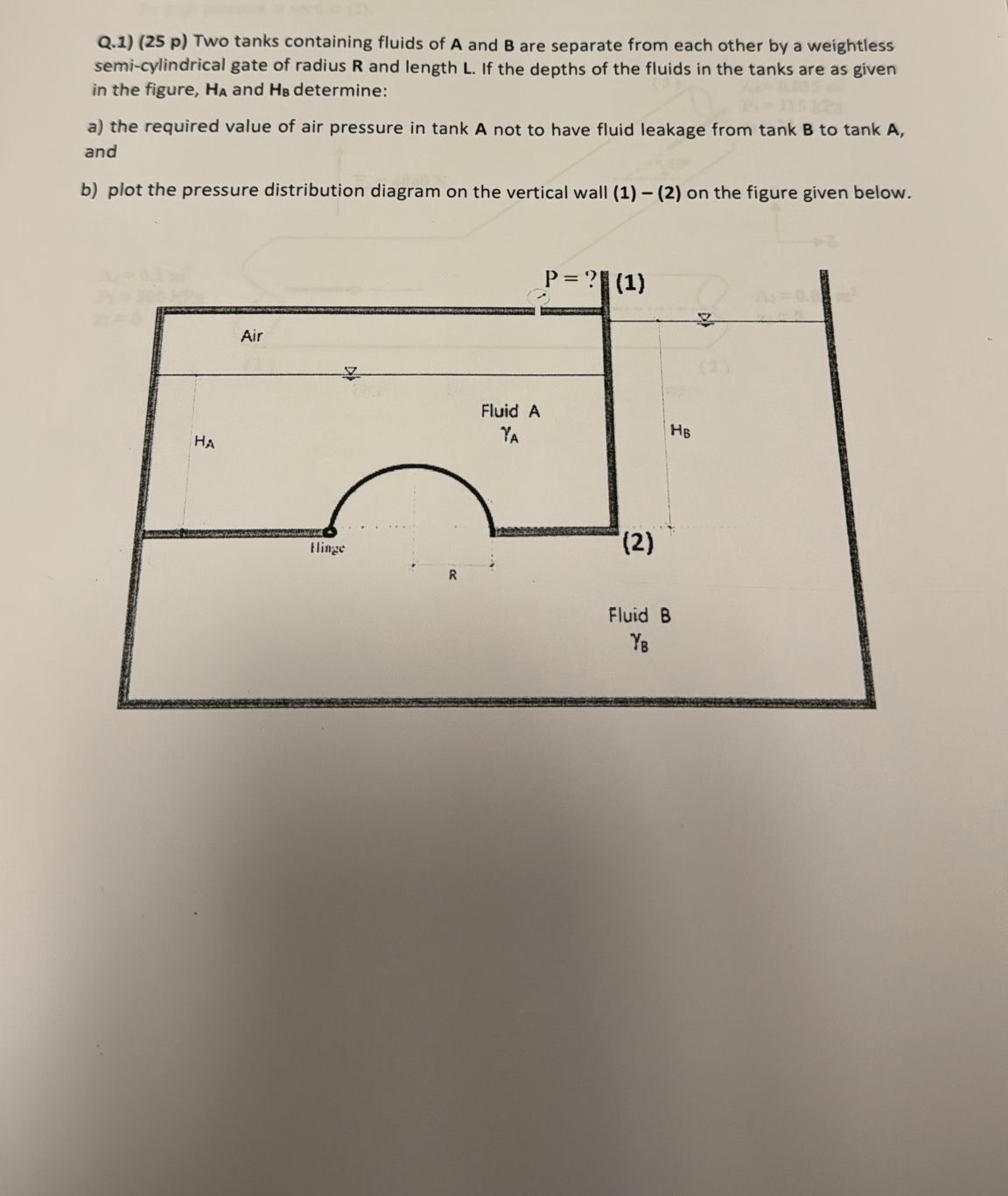 Q . 1 ) ( 2 5 p ) Two tanks containing fluids of