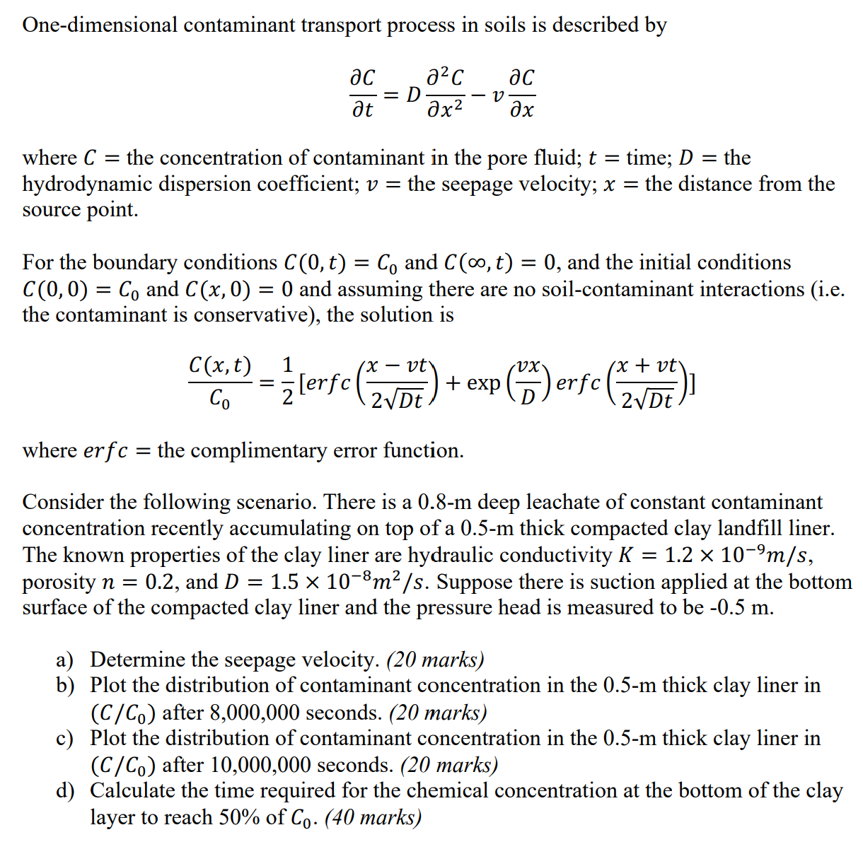 One - dimensional contaminant transport process
