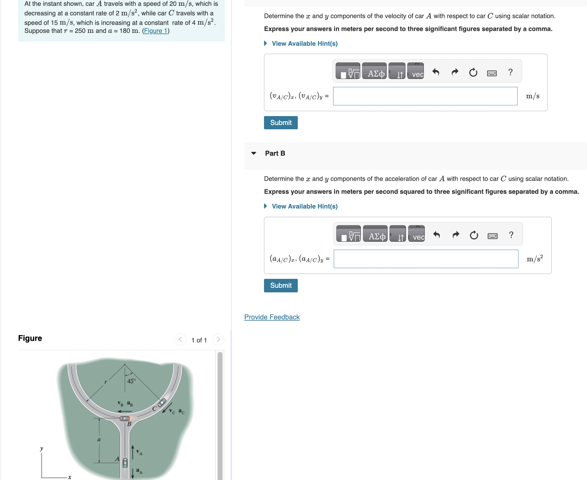 At the instant shown, car A travels with a speed