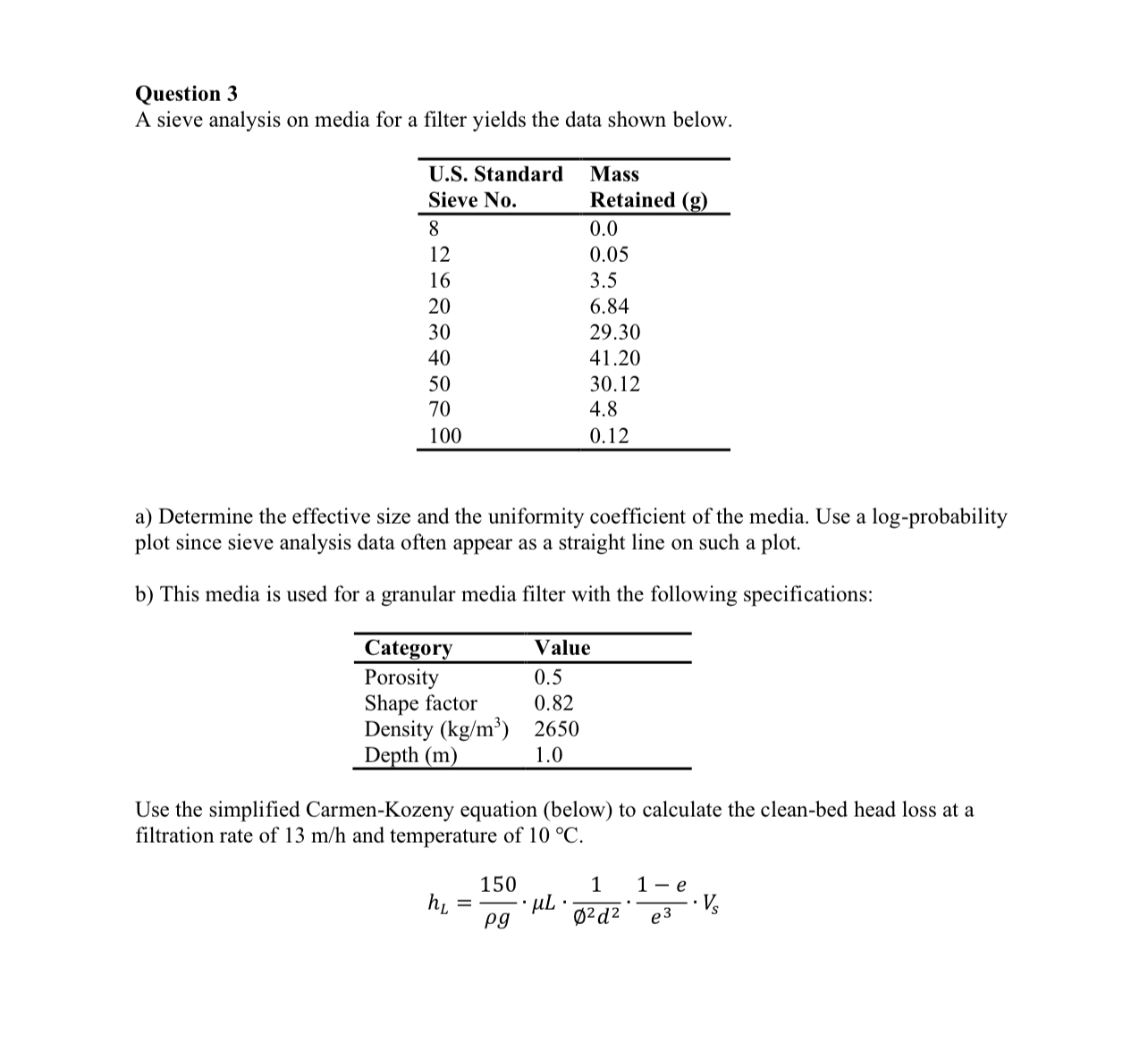 Question 3 A sieve analysis on media for a filter
