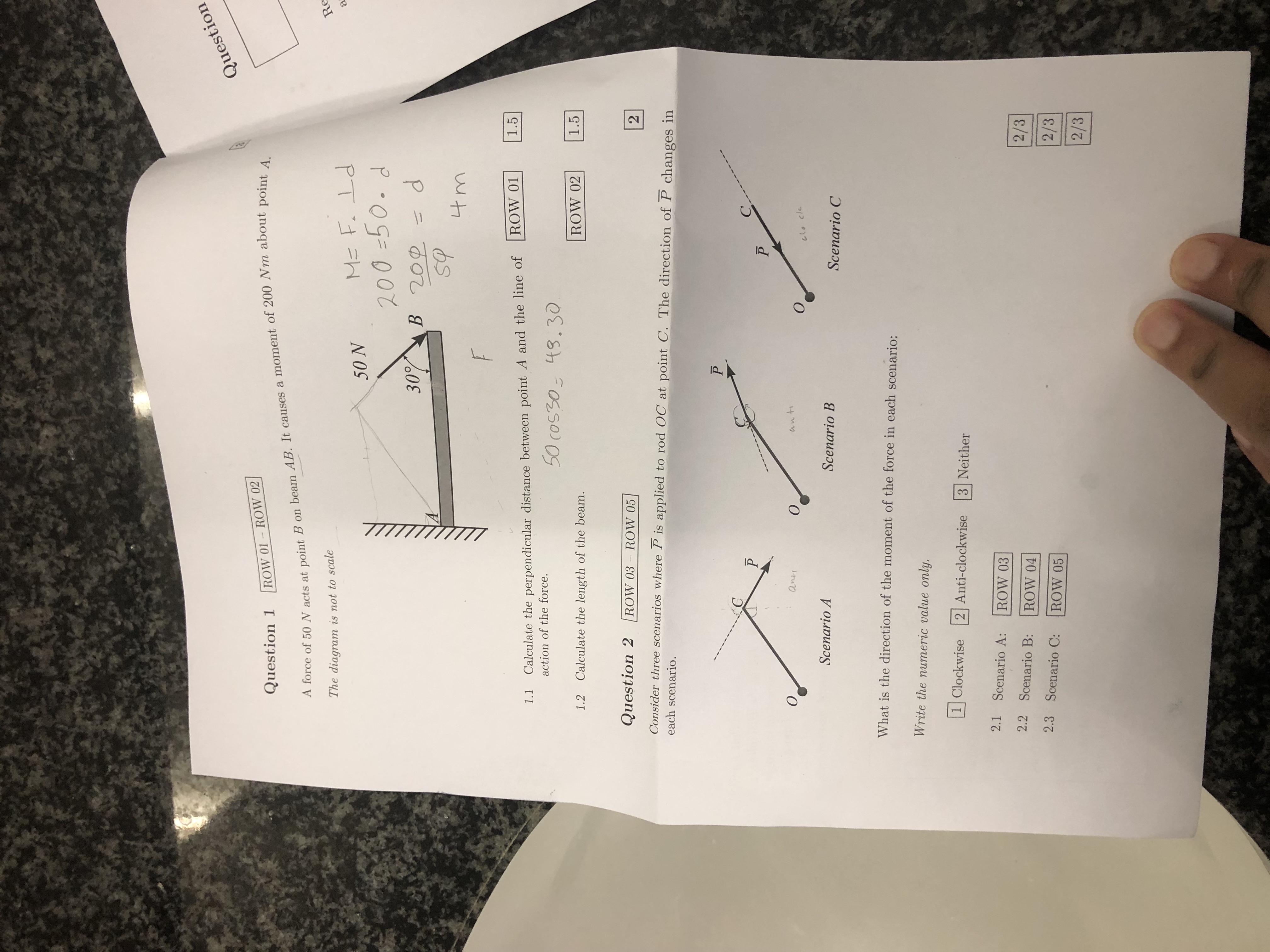 Question 1 ROW 0 1 - ROW 0 2 A force of 5 0 N