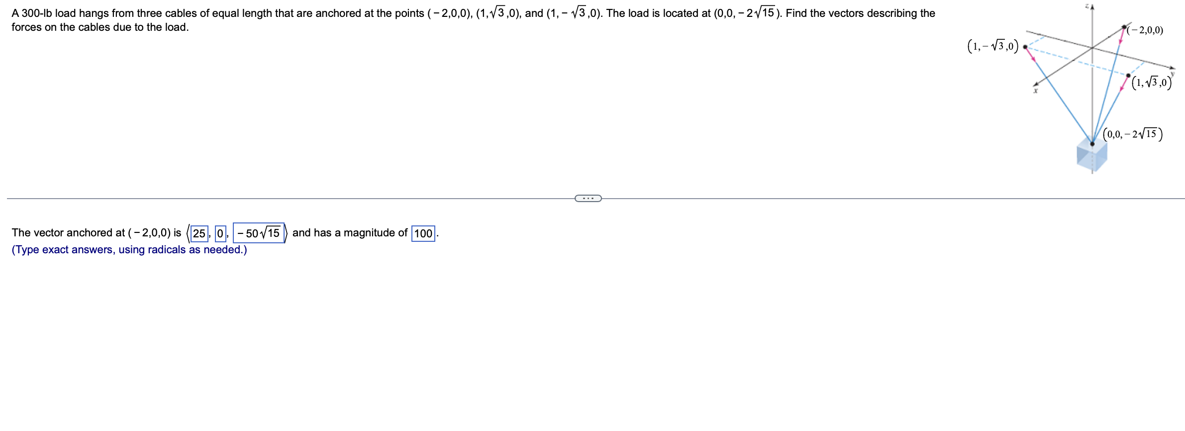 A 3 0 0 - l b load hangs from three cables of