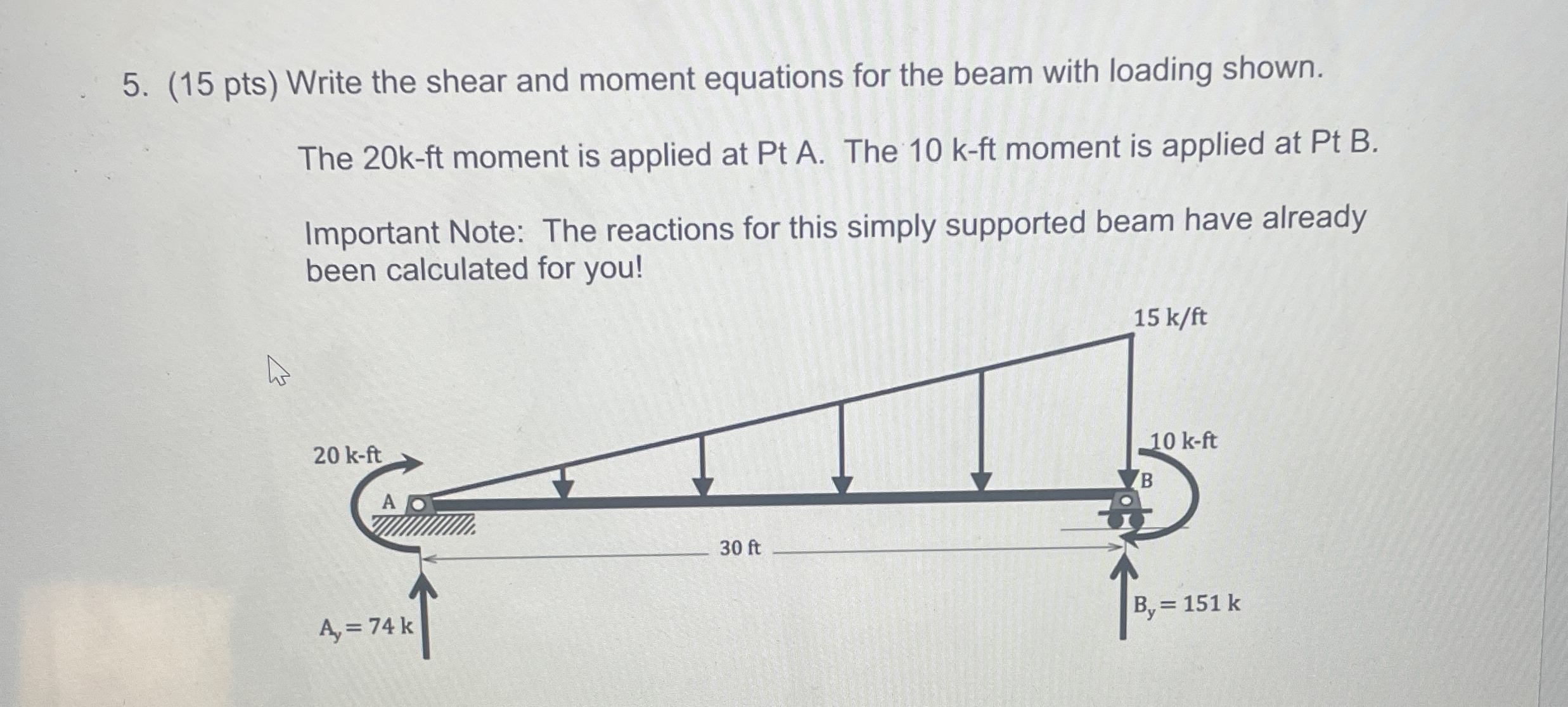 ( 1 5 pts ) Write the shear and moment equations