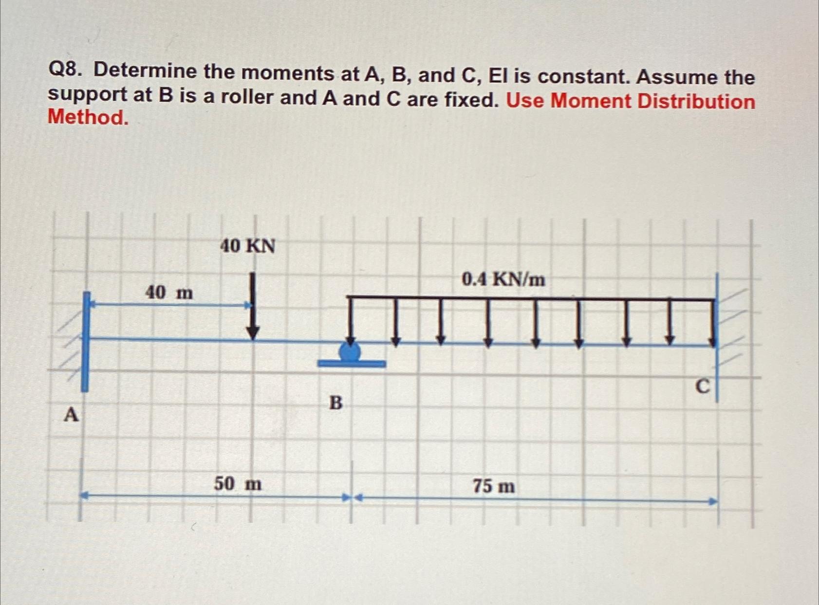 Q 8 . Determine the moments at A , B , and C , EI