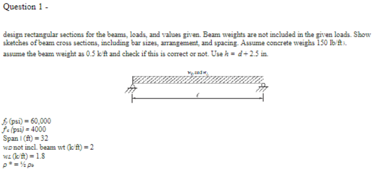 Question 1 - design rectangular sections for the
