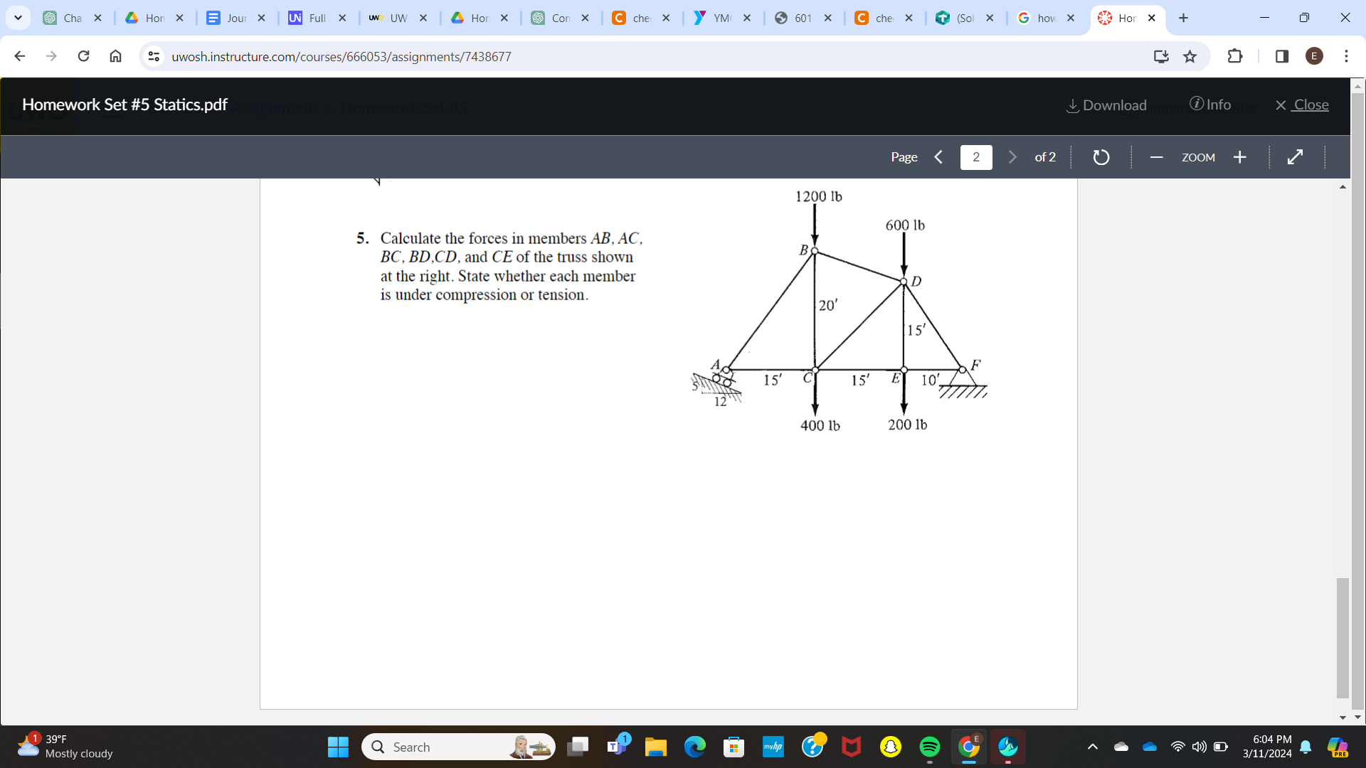 Calculate the forces in members AB , AC , BC , BD