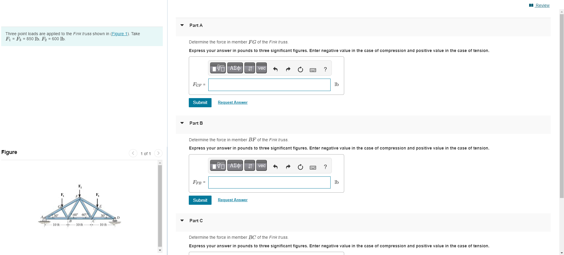 Three point loads are applied to the Fink truss