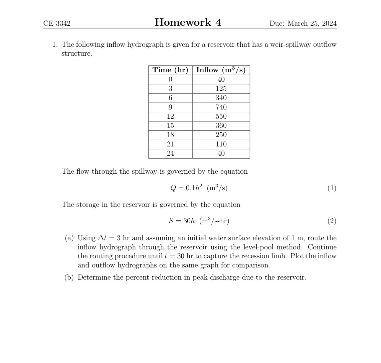 CE 3 3 4 2 Homework 4 Due: March 2 5 , 2 0 2 4