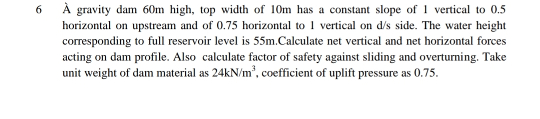 6 A gravity dam 6 0 m high, top width of 1 0 m