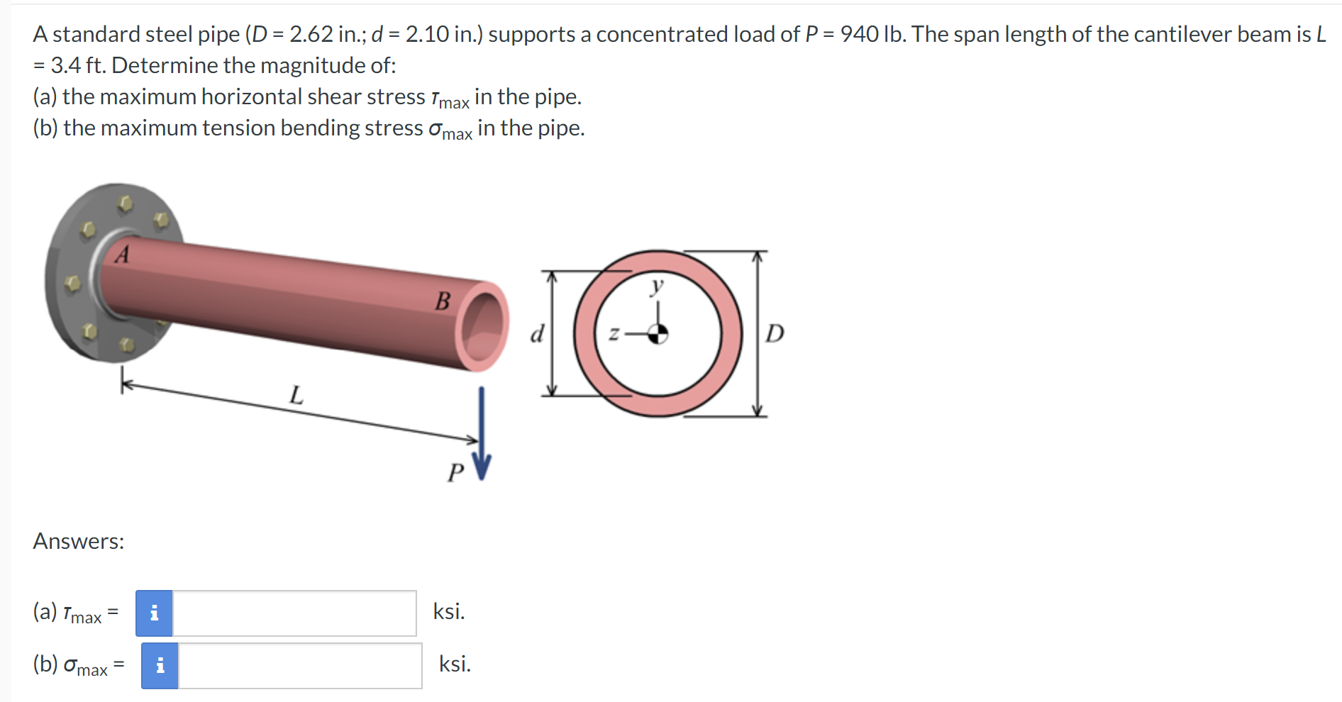 A standard steel pipe ( D = 2 . 6 2 i n . ; d = 2