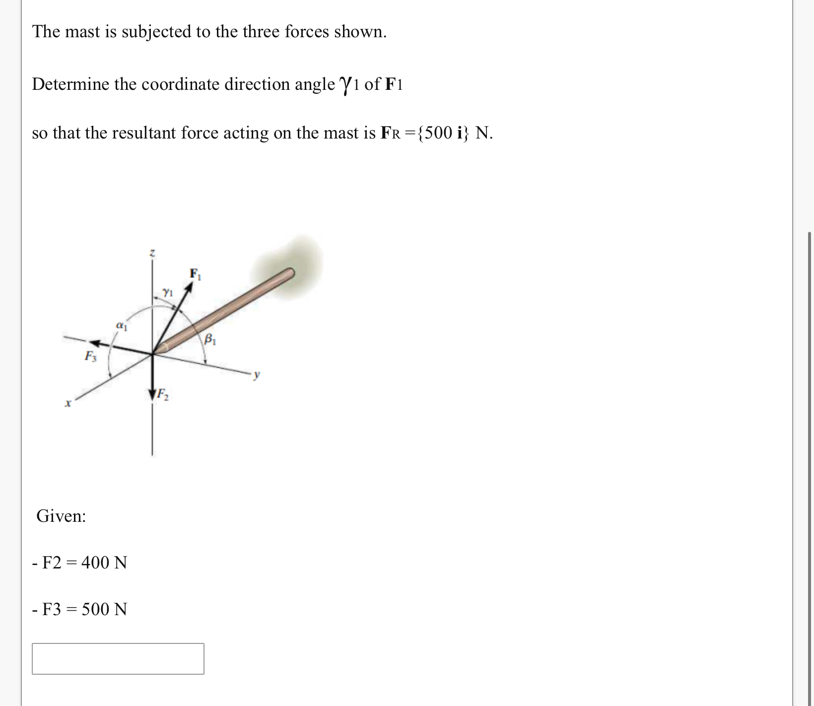 The mast is subjected to the three forces shown.