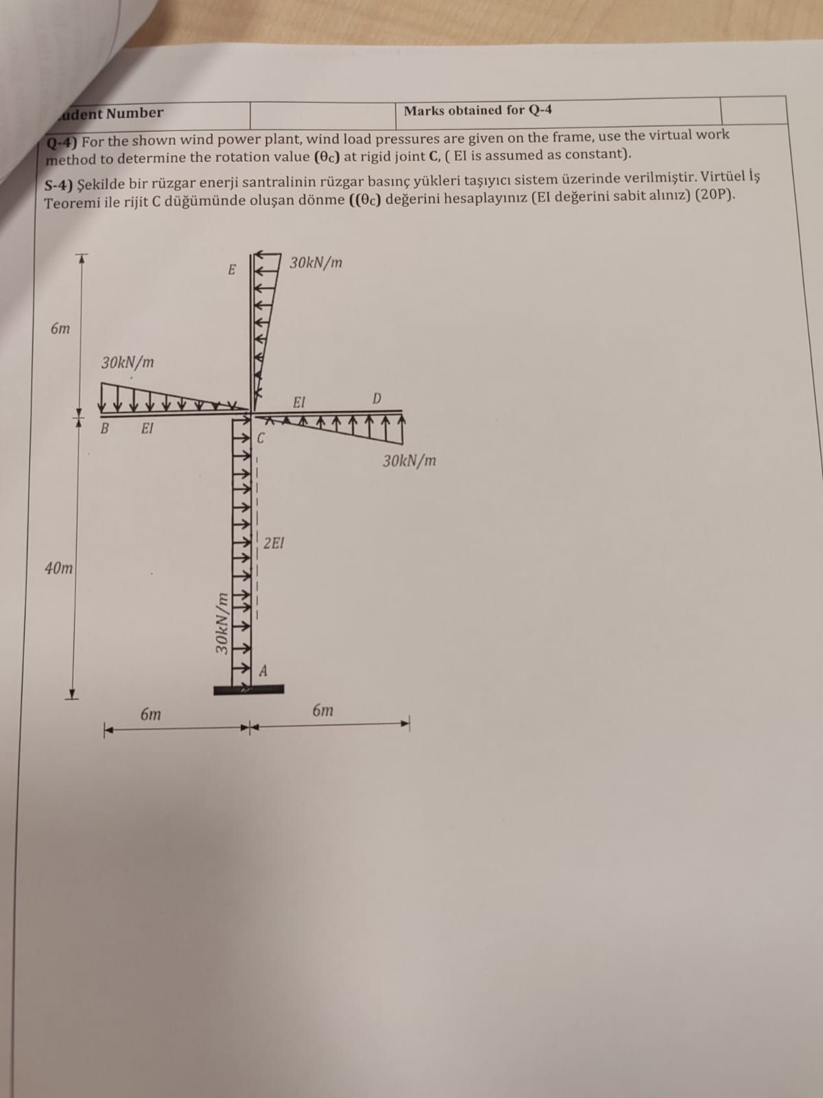 Q - 4 ) For the shown wind power plant, wind load