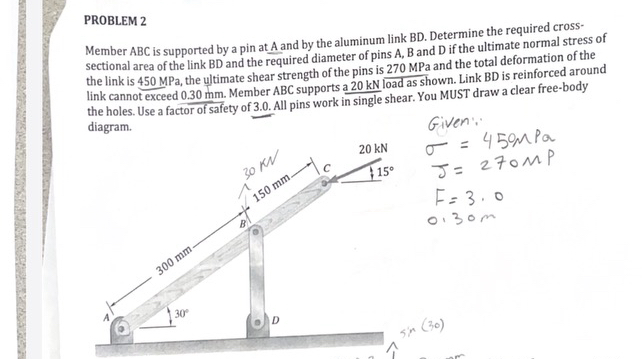 PROBLEM 2 Member ABC is supported by a pin at A