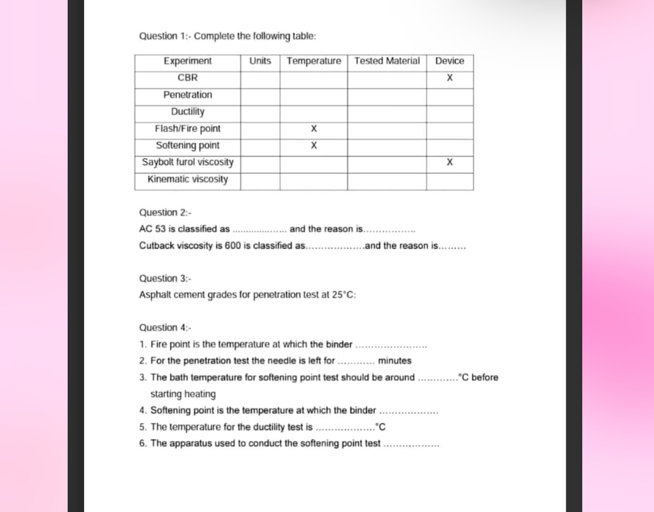Question 1 : - Complete the following table: \