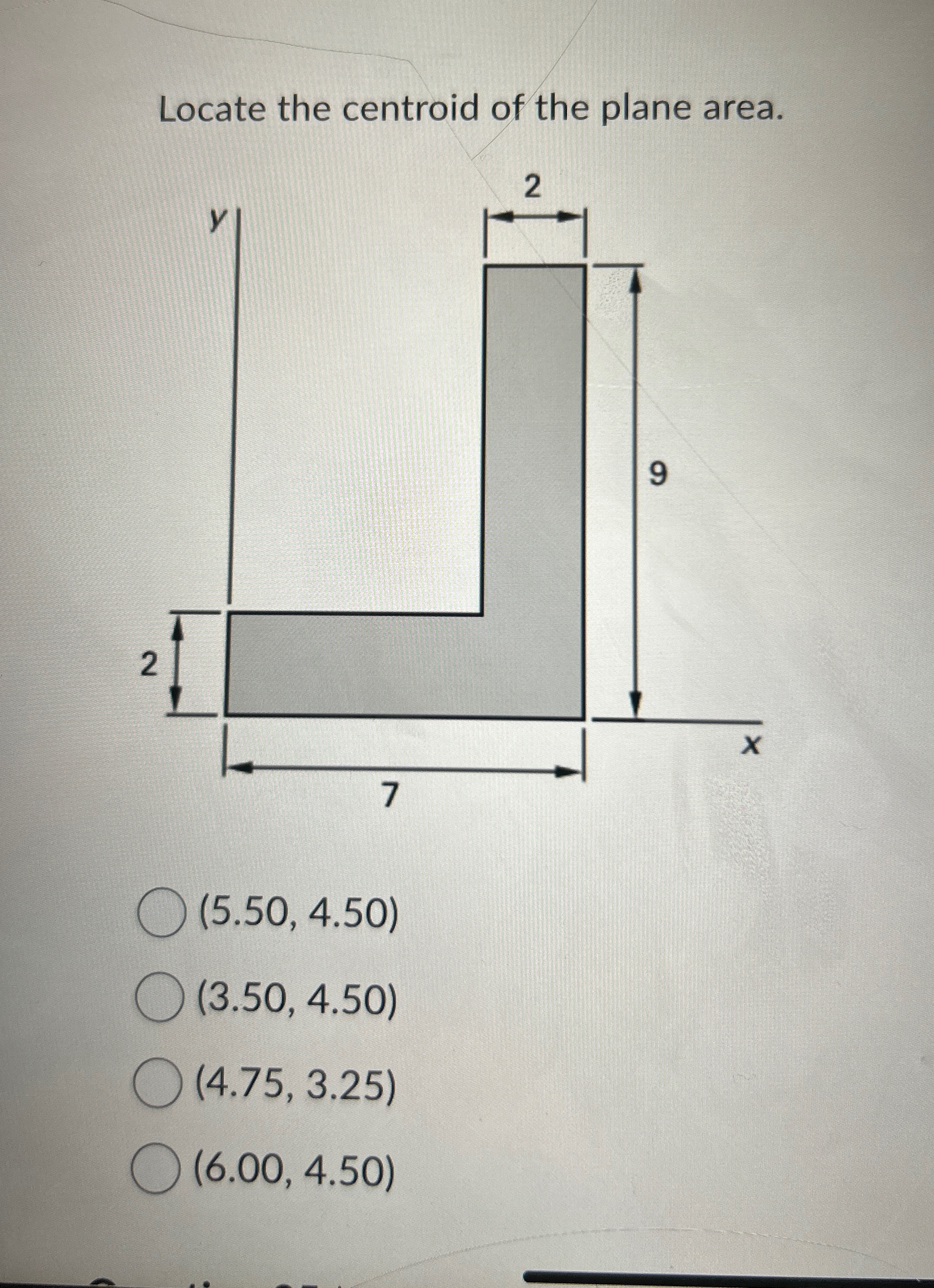 Locate the centroid of the plane area. ( 5 . 5 0