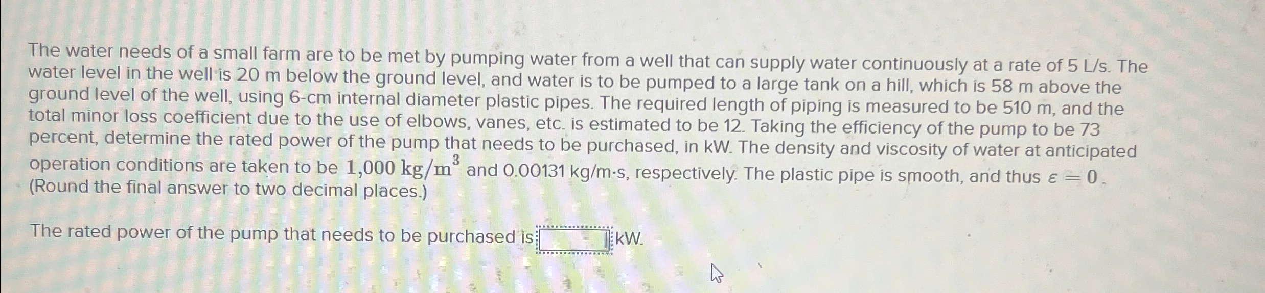 The water needs of a small farm are to be met by