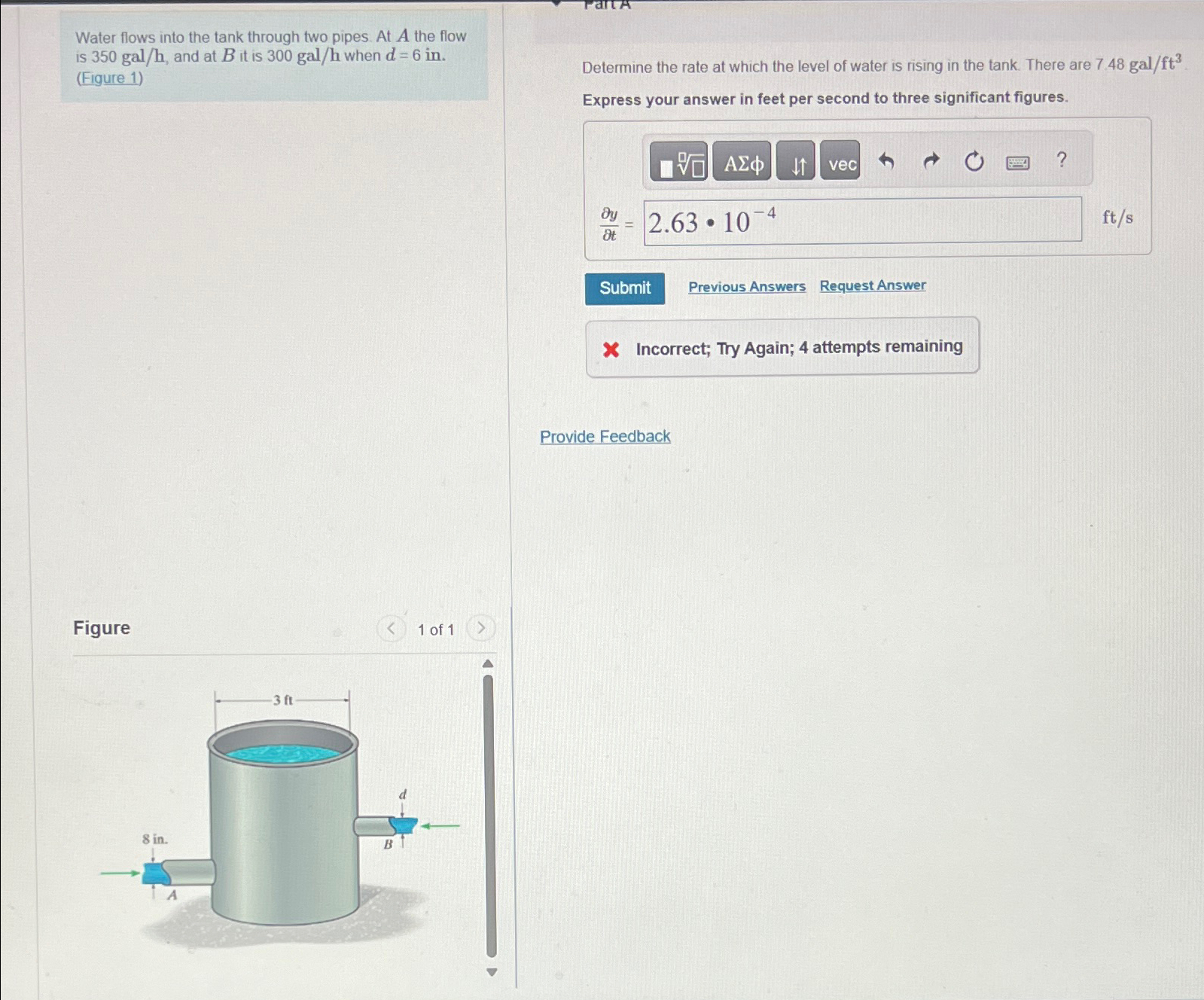 Water flows into the tank through two pipes. At A