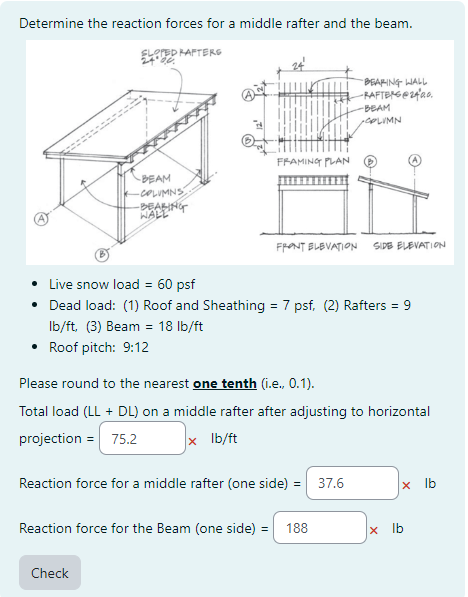 Determine the reaction forces for a middle rafter