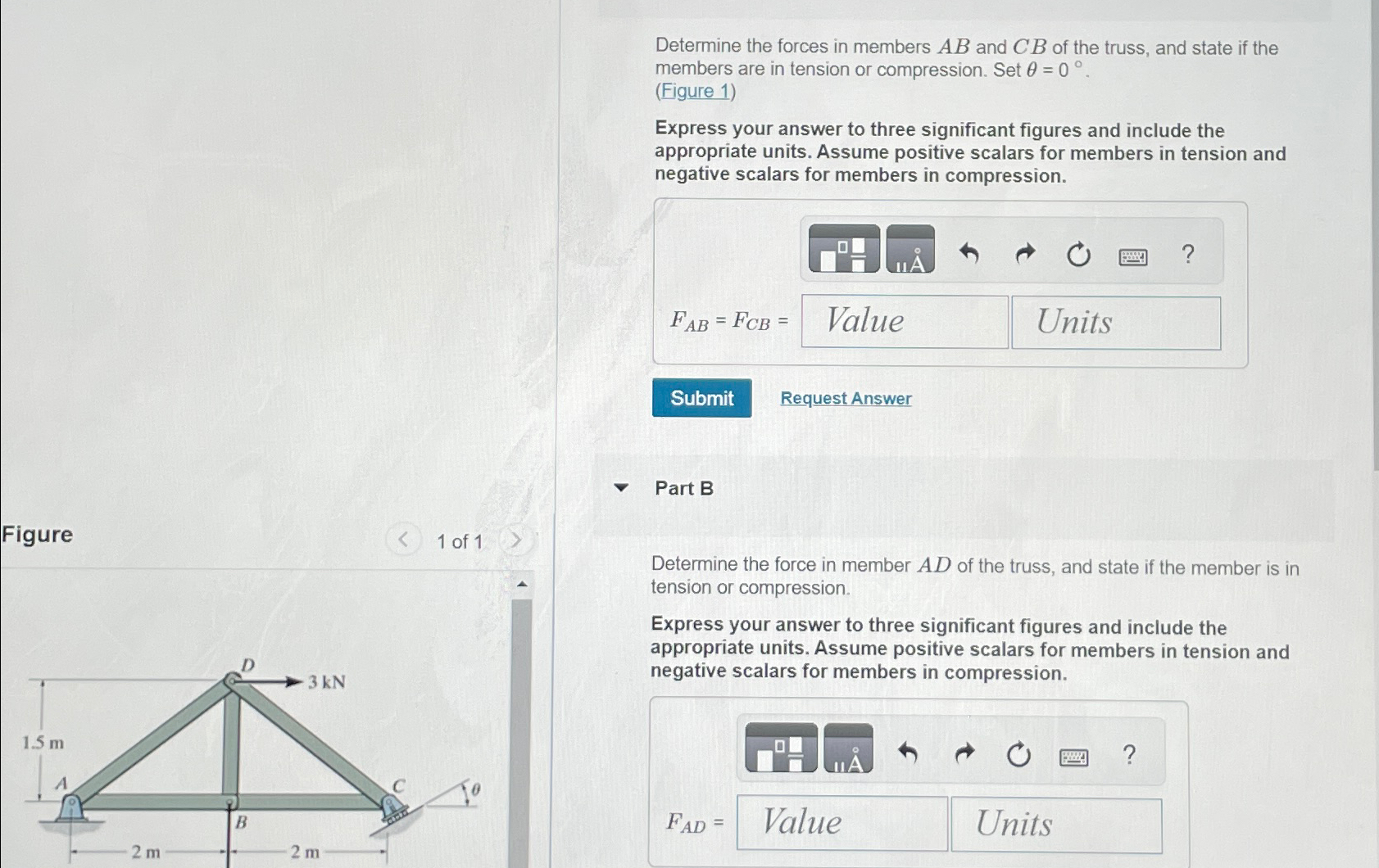 Determine the forces in members A B and C B of