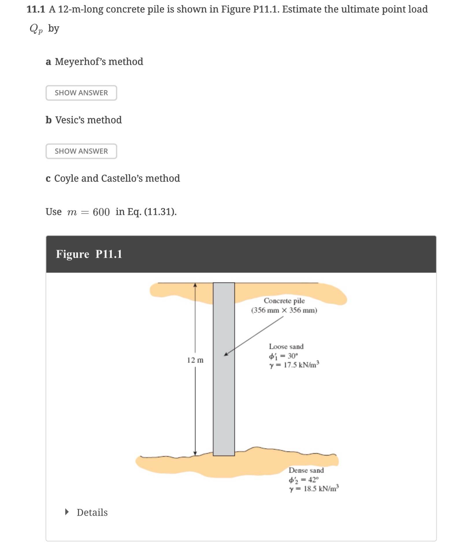 1 1 . 1 A 1 2 - m - long concrete pile is shown