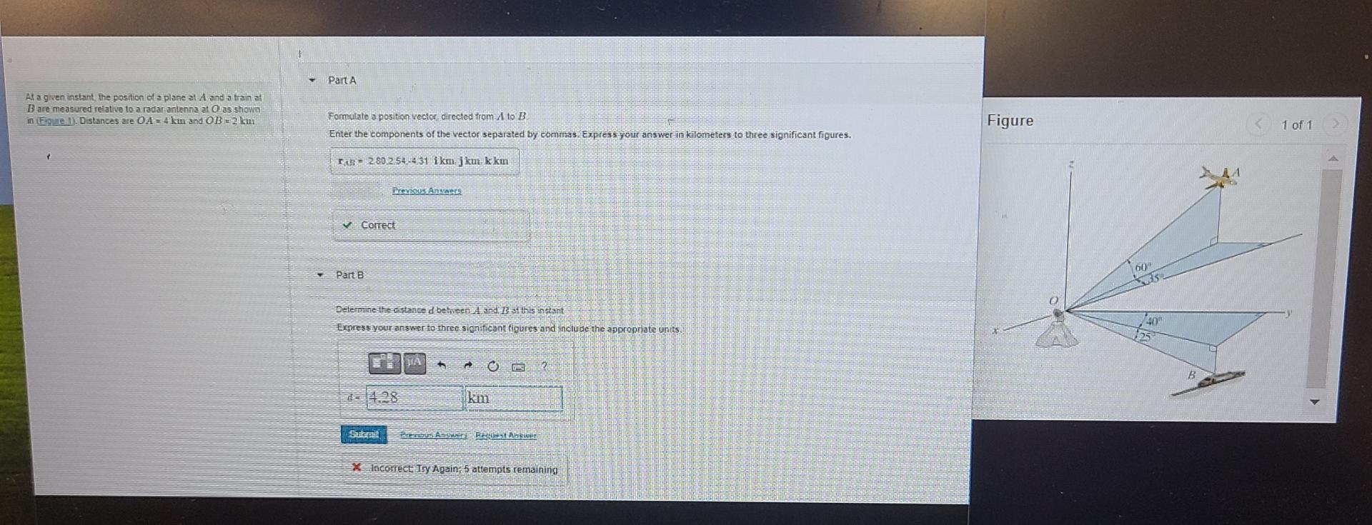 At a given instant the position of a plane at A