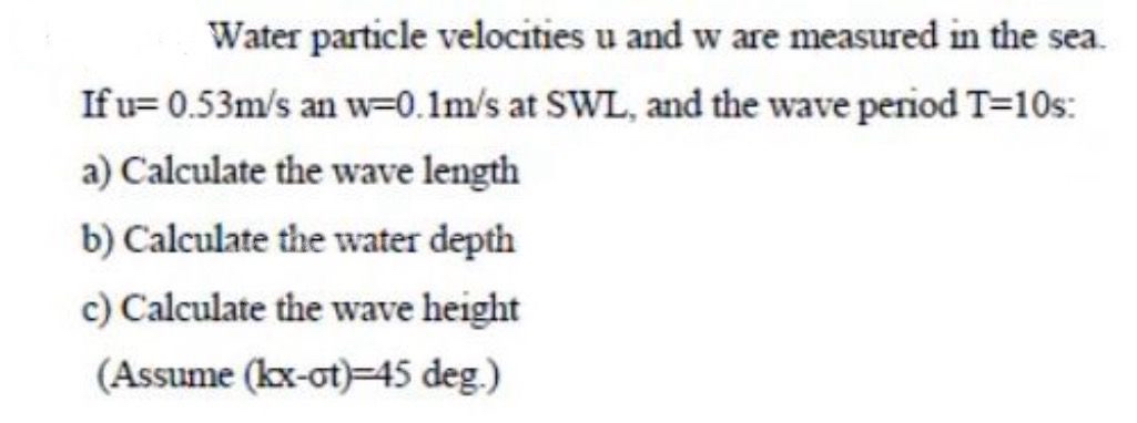 Water particle velocities u and w are measured in