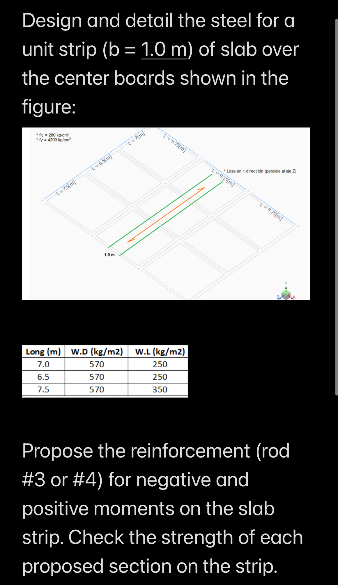 Design and detail the steel for a unit strip ) =