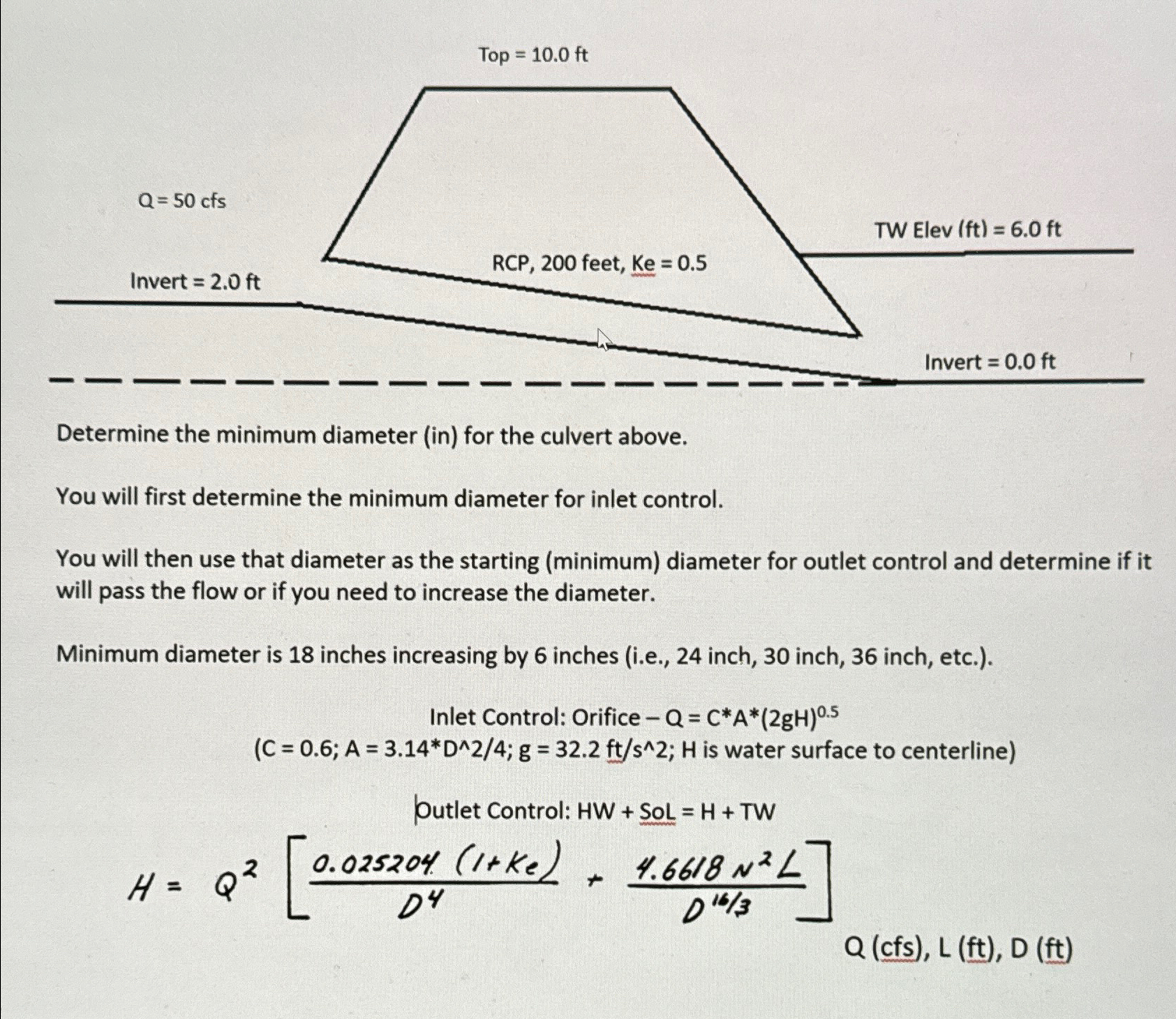 Determine the minimum diameter ( in ) for the