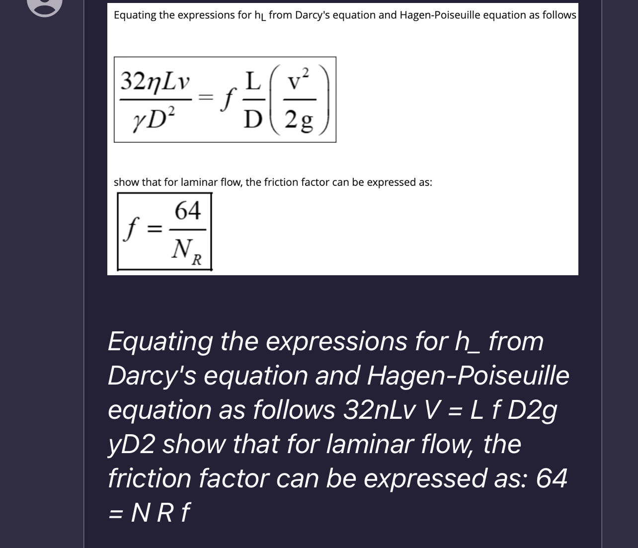 Equating the expressions for h L from Darcy's