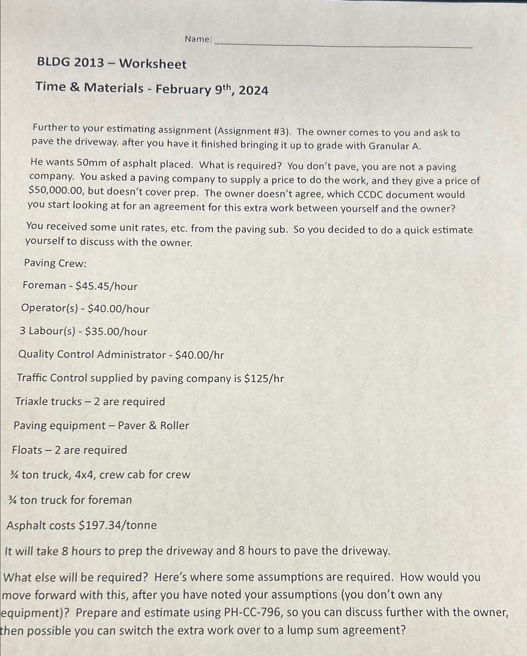 Name: BLDG 2 0 1 3 - Worksheet Time & Materials -