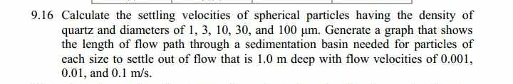 9 . 1 6 Calculate the settling velocities of