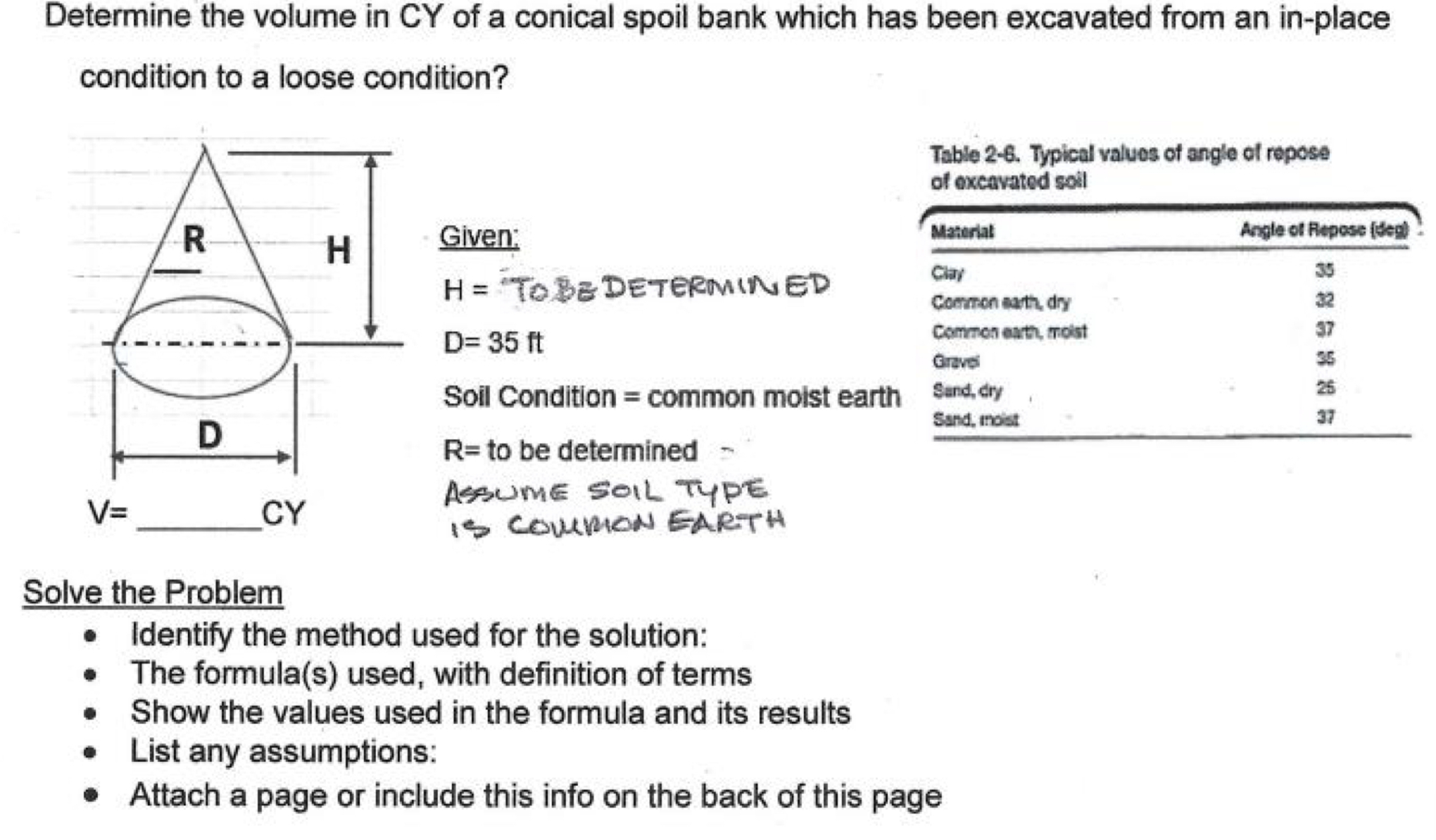 Determine the volume in C Y of a conical spoil