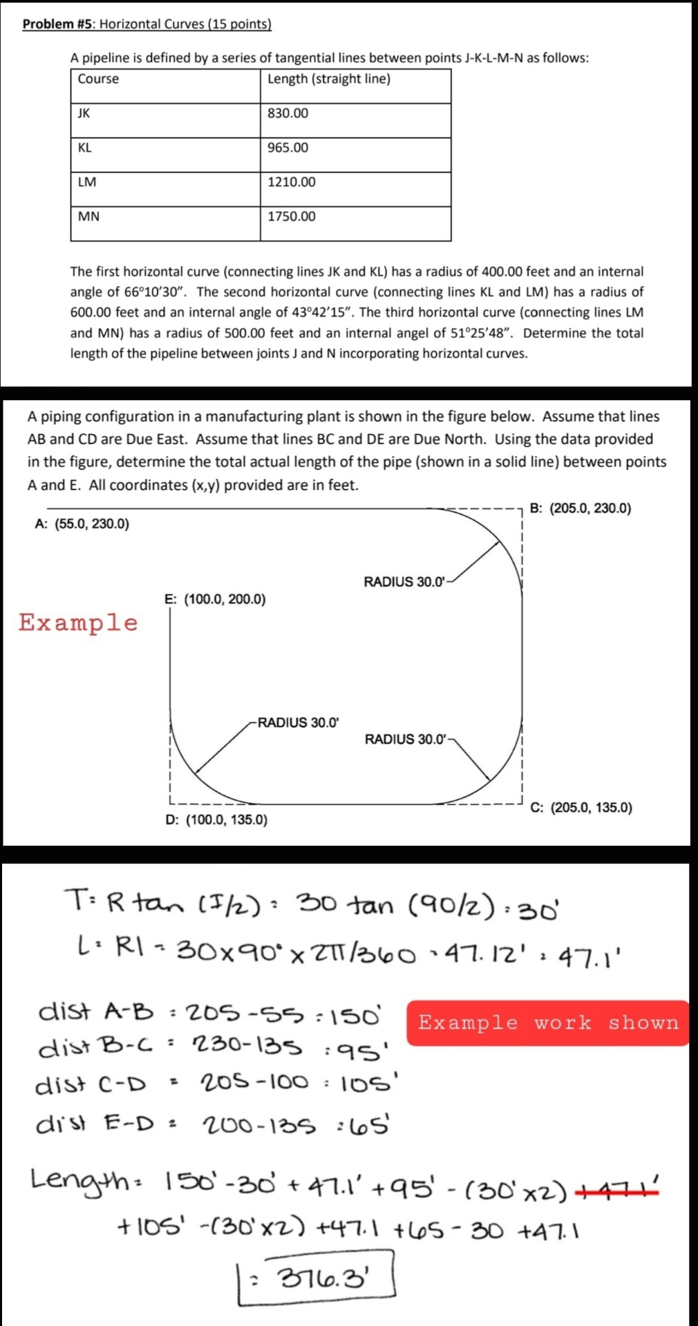 Problem # 5 : Horizontal Curves ( 1 5 points ) A