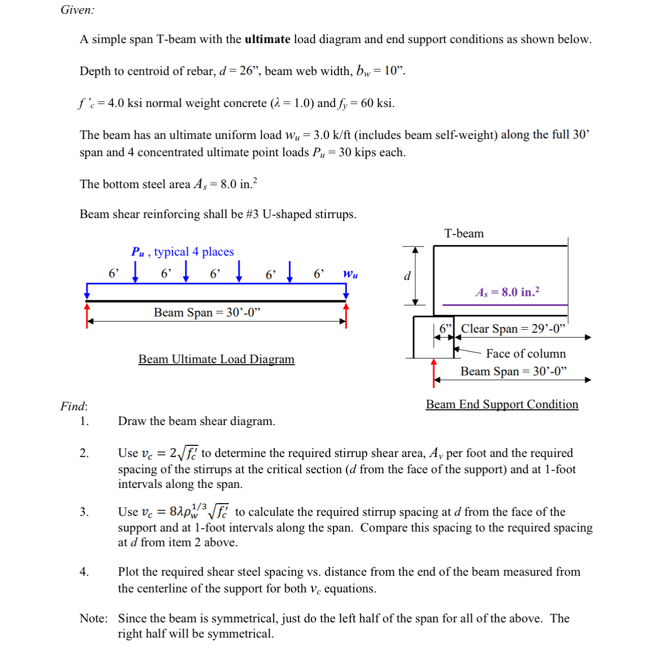Given: A simple span T - beam with the ultimate