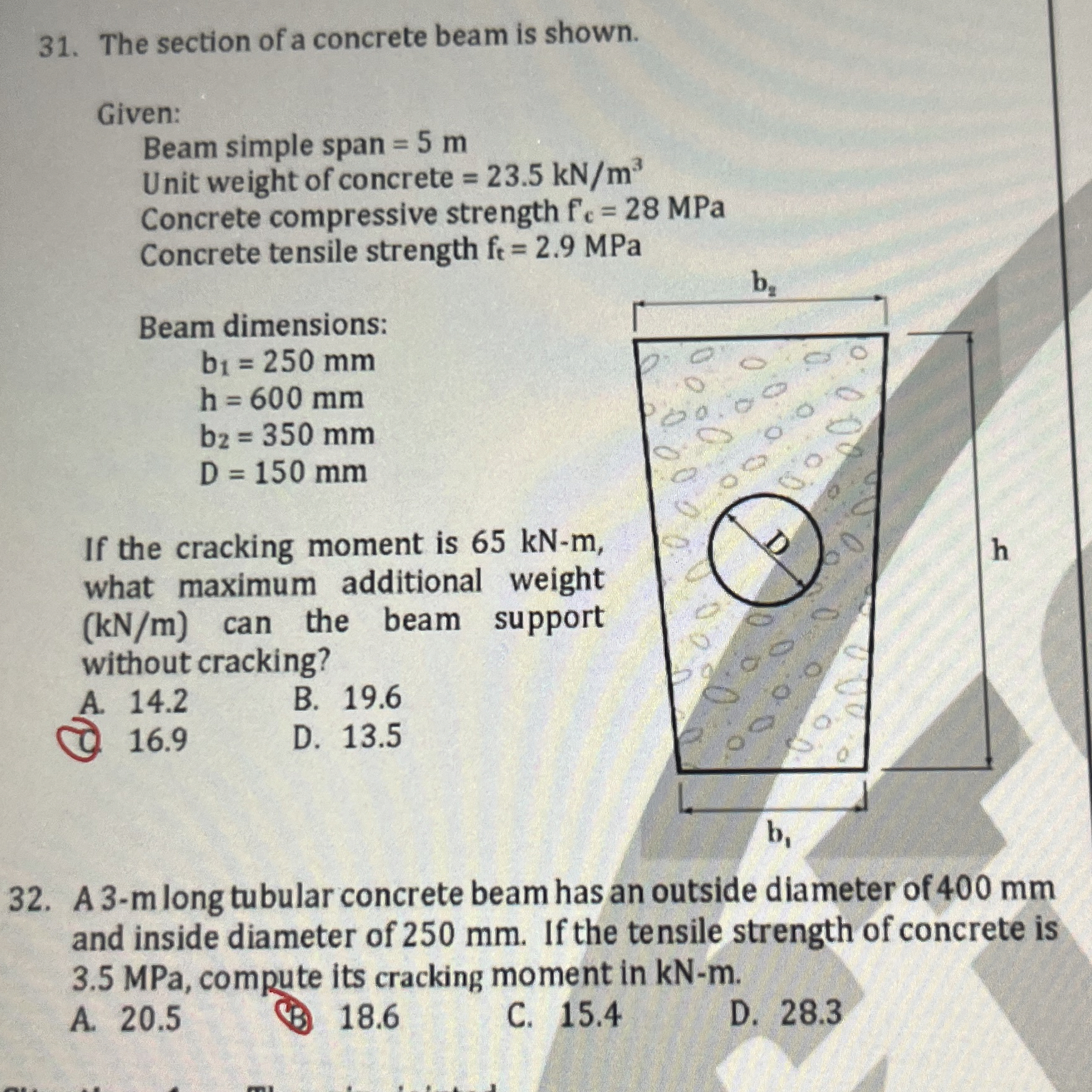 The section of a concrete beam is shown. Given: