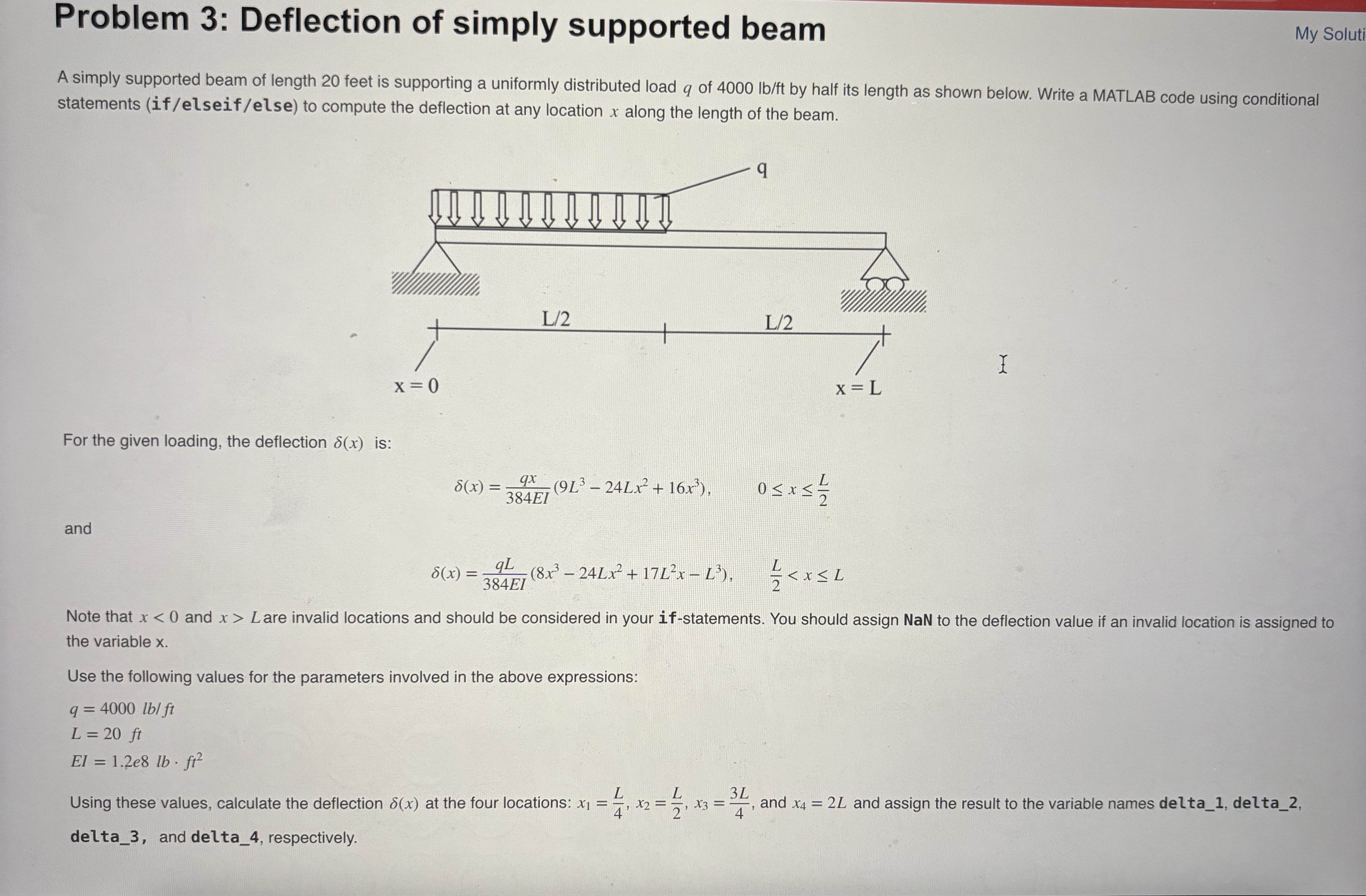 Problem 3 : Deflection of simply supported beam A