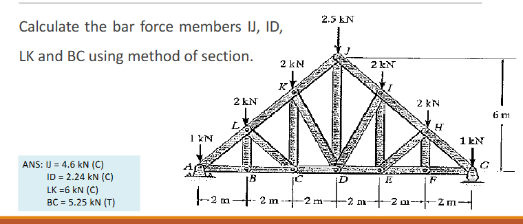 Calculate the bar force members IJ , ID , LK and