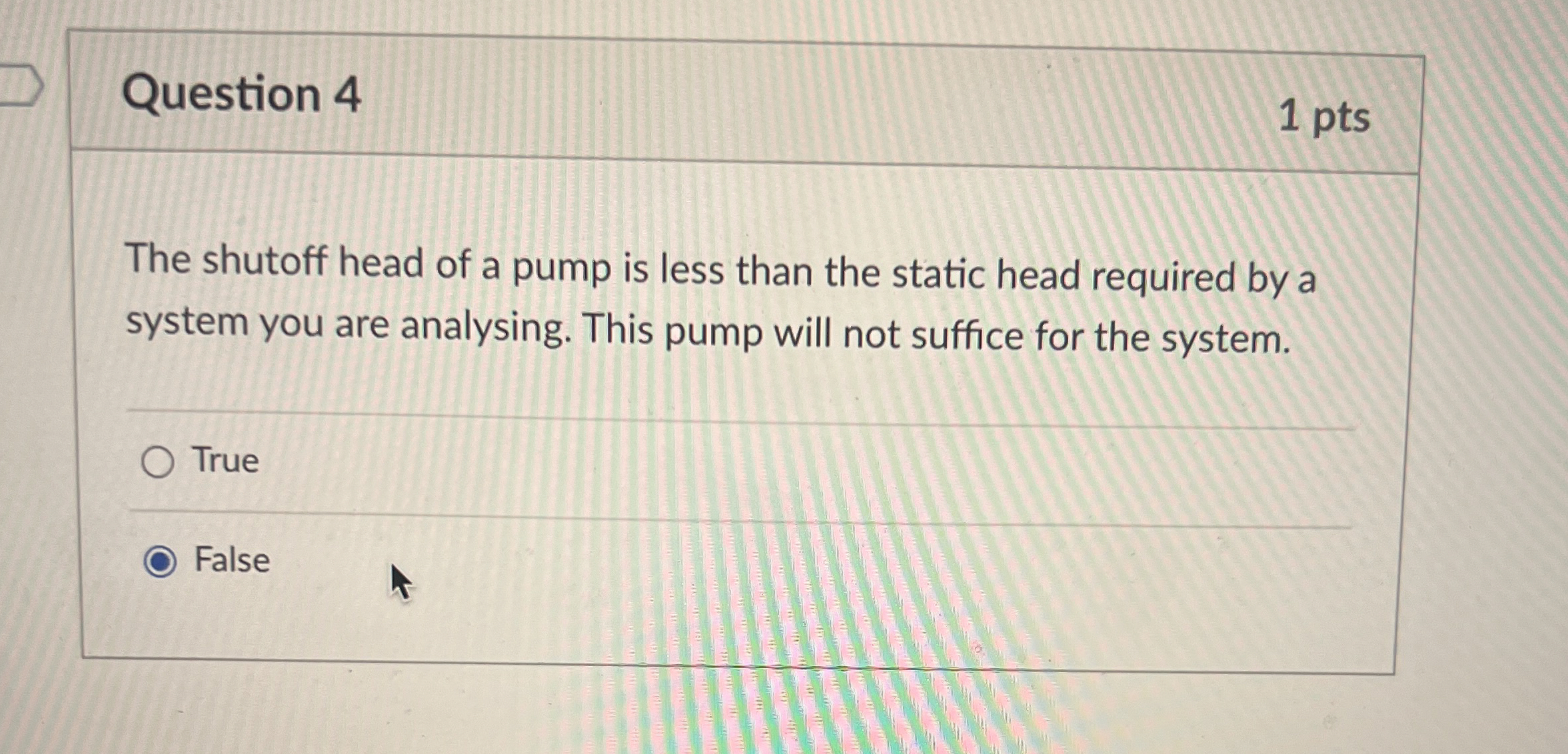 Question 4 1 pts The shutoff head of a pump is