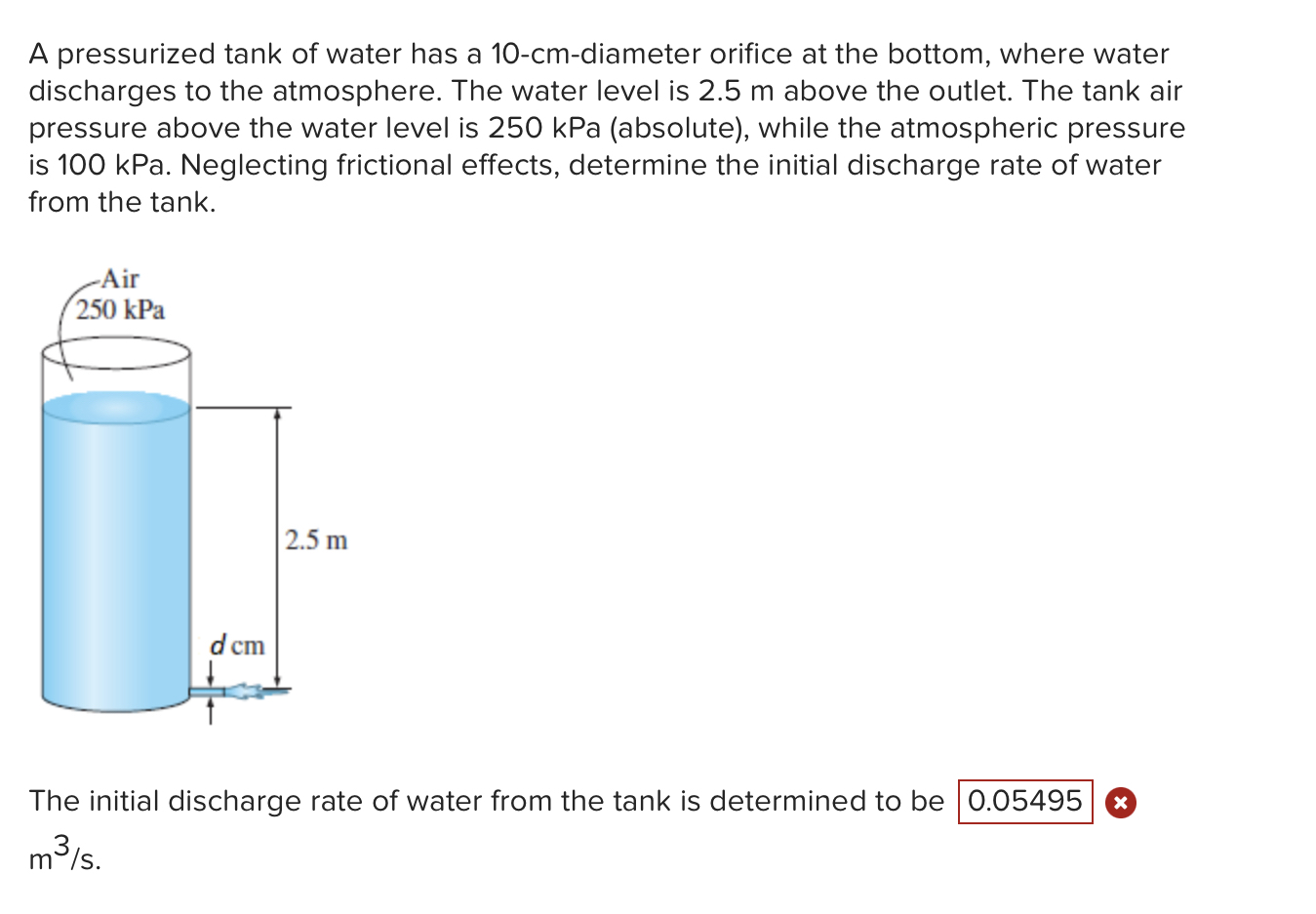 A pressurized tank of water has a 1 0 - c m -