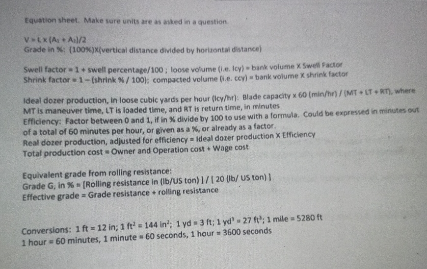 Equation sheet. Make sure units are as asked in a