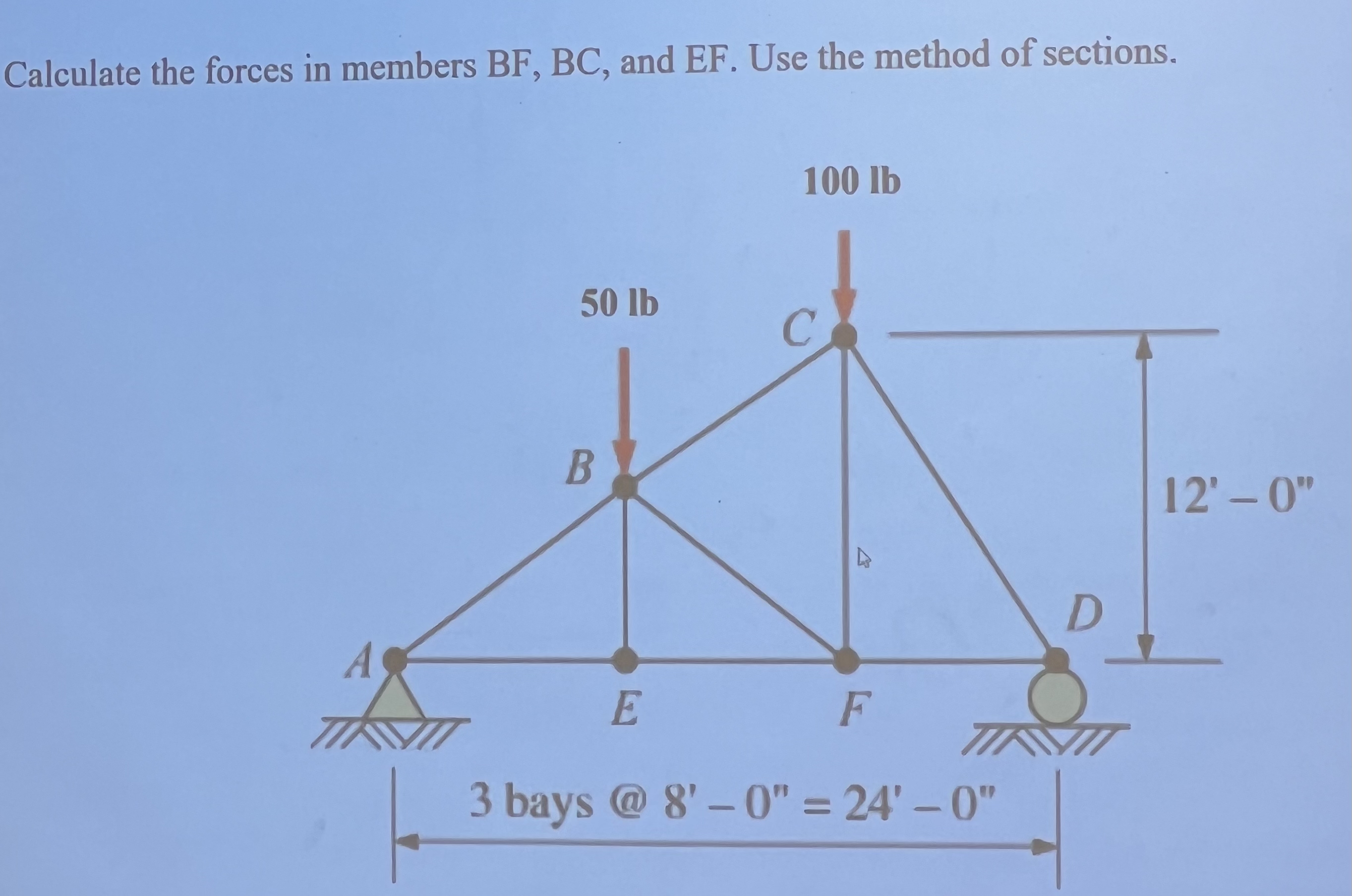 Calculate the forces in members BF , BC , and EF