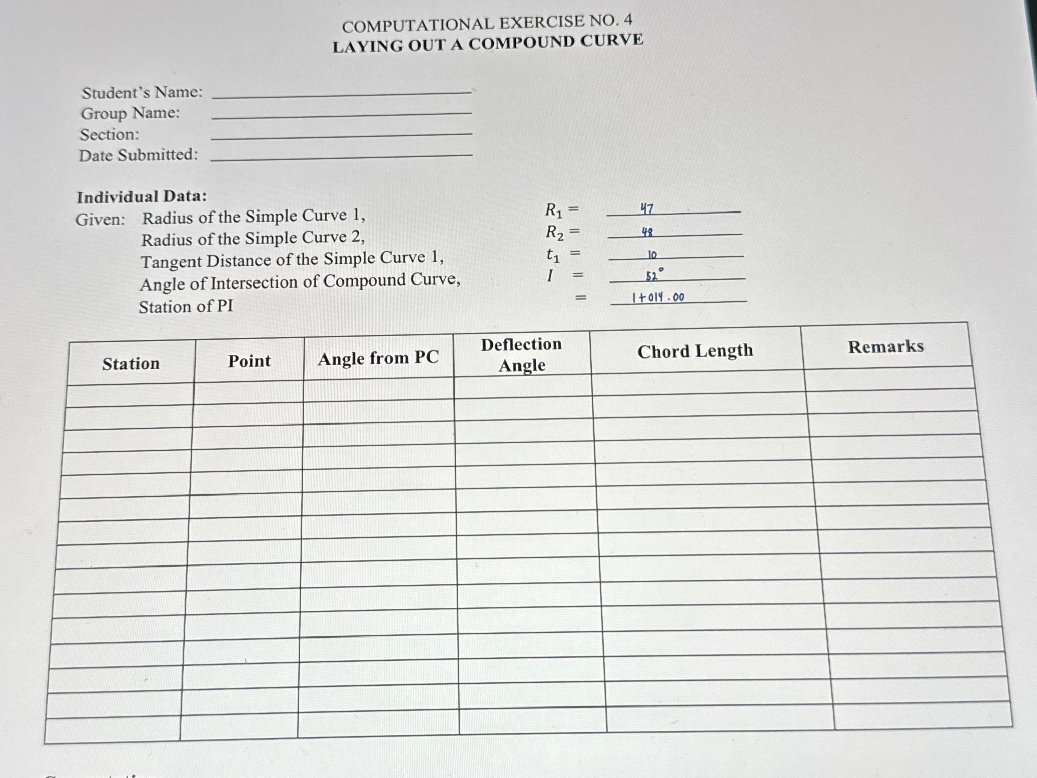 COMPUTATIONAL EXERCISE NO . 4 LAYING OUT A