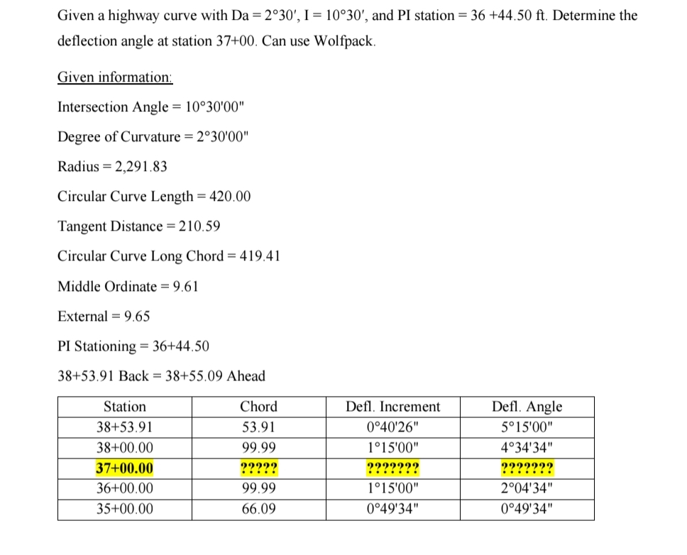 Given a highway curve with D a = 2 3 0 ' , I = 1