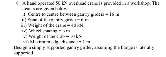 A hand operated 5 0 k N overhead crane is