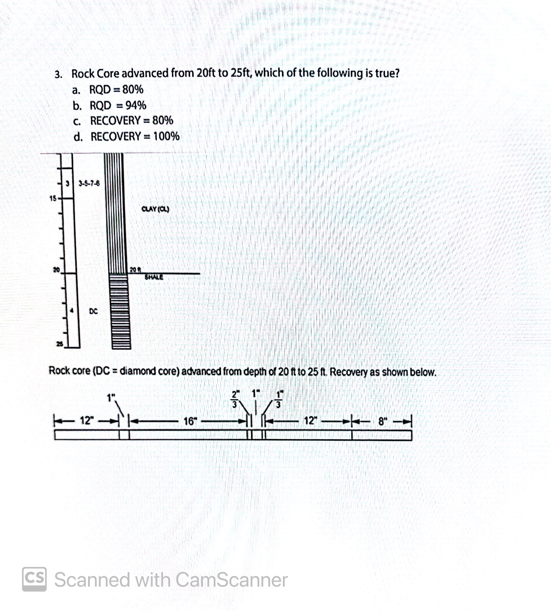 Rock Core advanced from 2 0 f t to 2 5 f t ,
